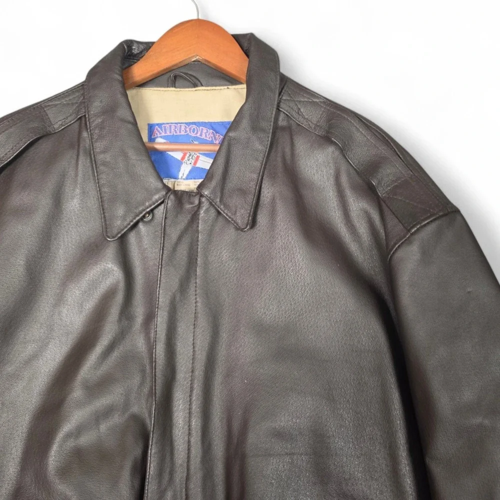 Vintage Airborne Brown Leather Bomber Flight Jacket Mens XLT American Flag Lined